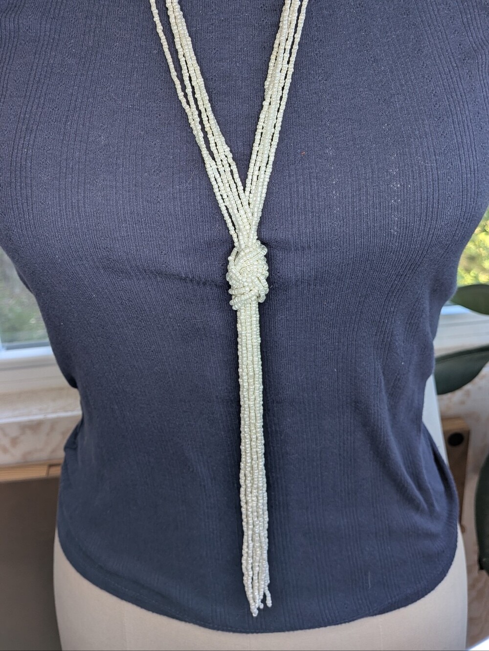 Lane Bryant White Seed Bead Multi Strand Knotted Lariat Tassel Long Necklace